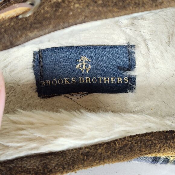 Brooks‎ Brothers Slippers Mens Size 12M Gray  Plaid Textile Leather sherpa Lined - Picture 7 of 9